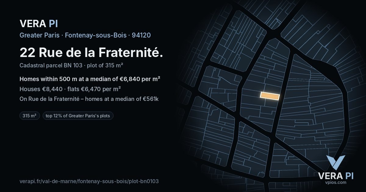 22 Rue de la Fraternité, Fontenay-sous-Bois at night – the plot lit, the parcels around coloured by the prices near them