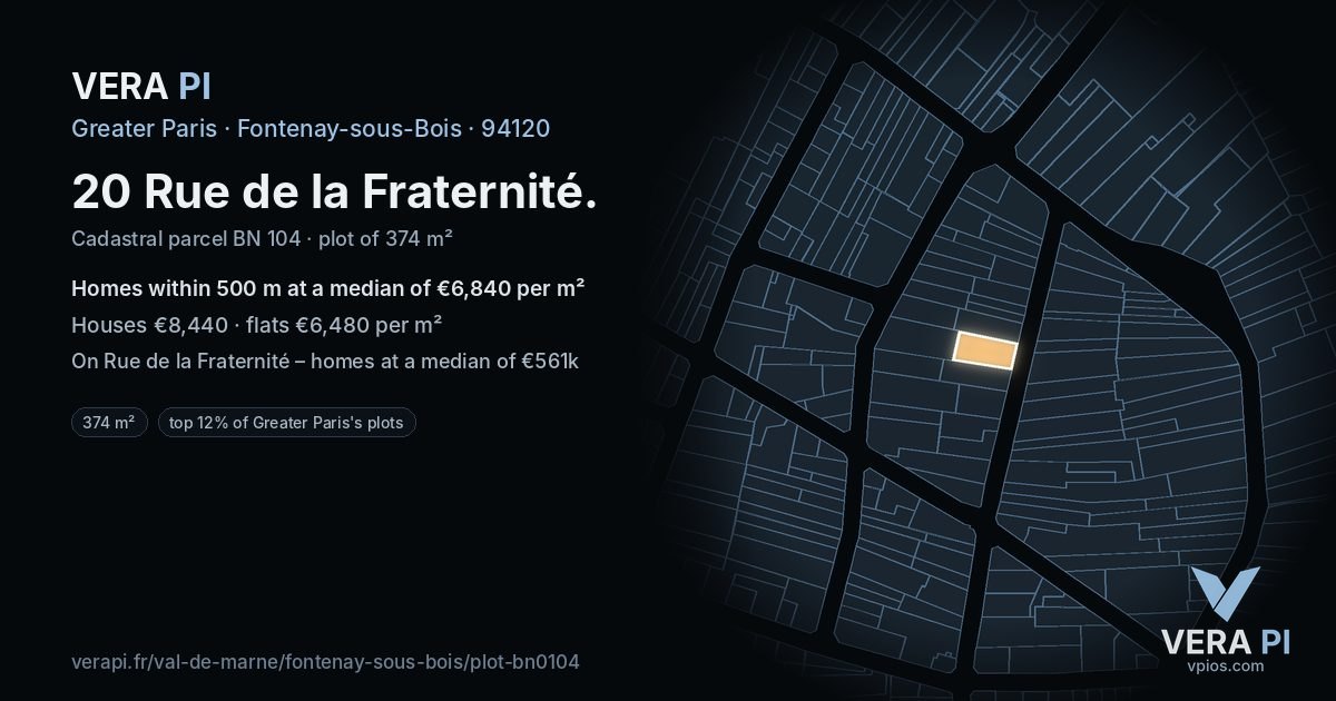 20 Rue de la Fraternité, Fontenay-sous-Bois at night – the plot lit, the parcels around coloured by the prices near them