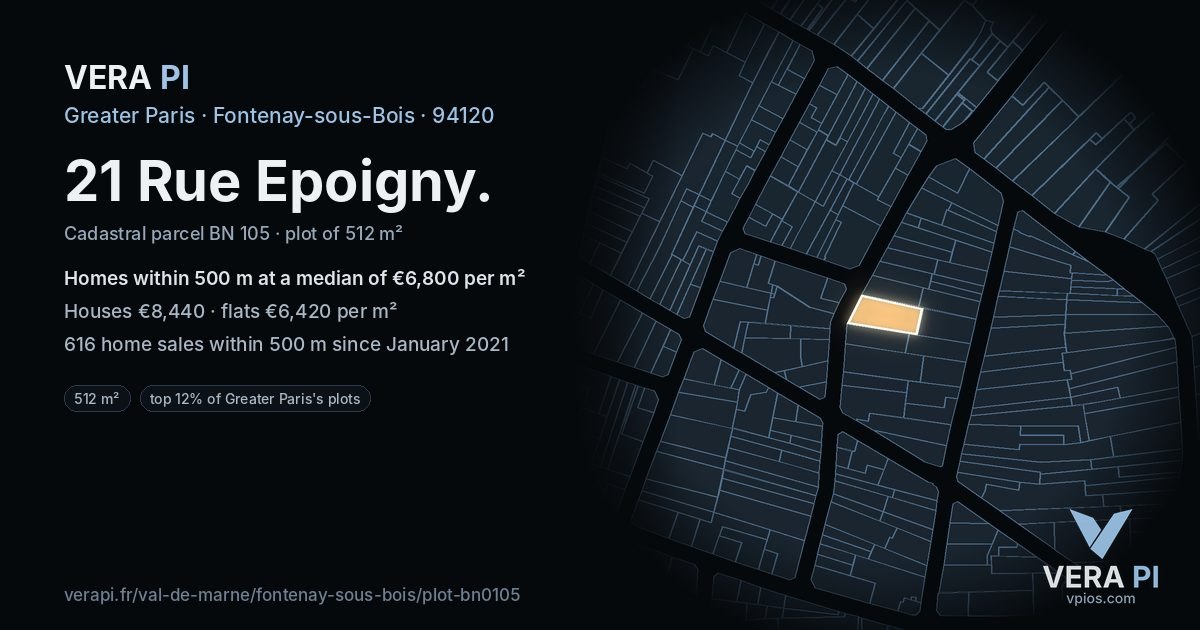 21 Rue Epoigny, Fontenay-sous-Bois at night – the plot lit, the parcels around coloured by the prices near them