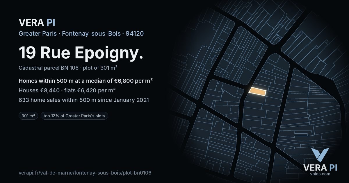 19 Rue Epoigny, Fontenay-sous-Bois at night – the plot lit, the parcels around coloured by the prices near them