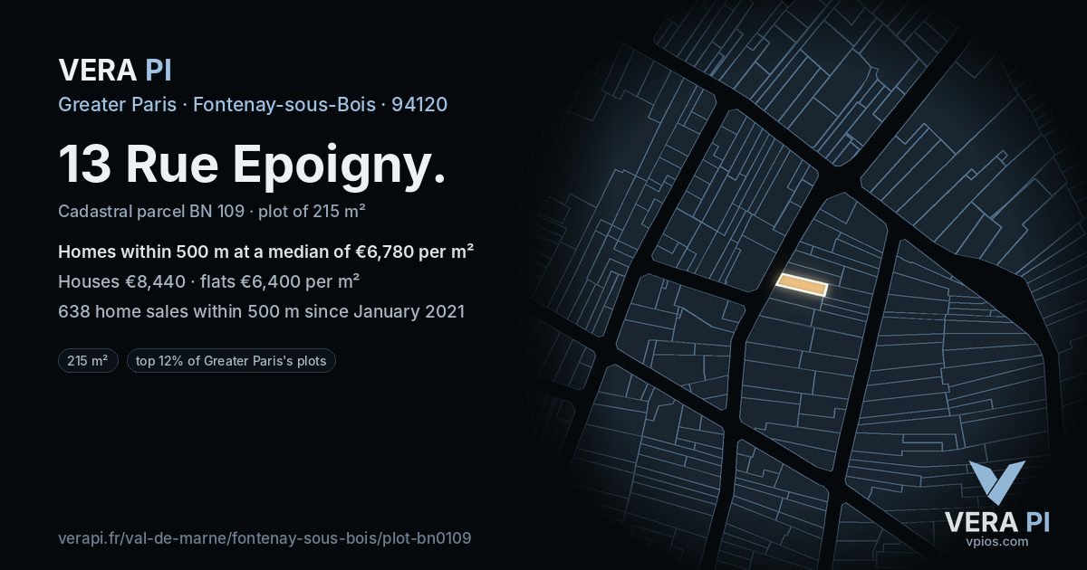 13 Rue Epoigny, Fontenay-sous-Bois at night – the plot lit, the parcels around coloured by the prices near them