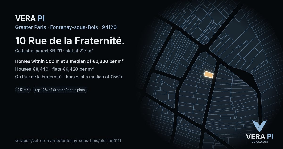 10 Rue de la Fraternité, Fontenay-sous-Bois at night – the plot lit, the parcels around coloured by the prices near them