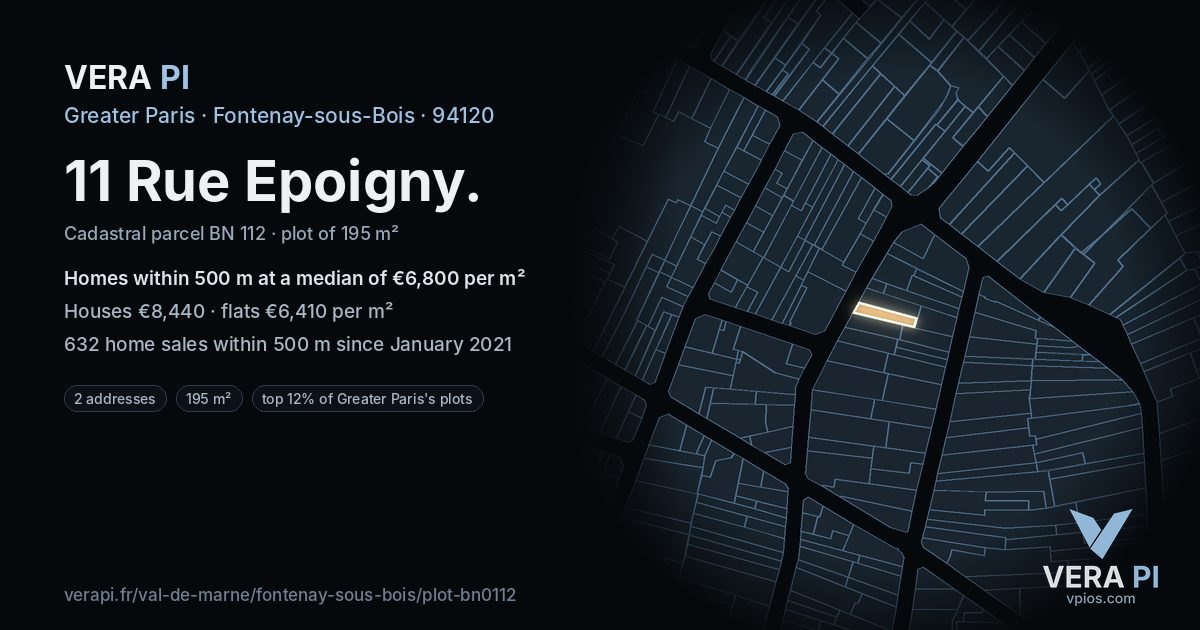 11 Rue Epoigny, Fontenay-sous-Bois at night – the plot lit, the parcels around coloured by the prices near them