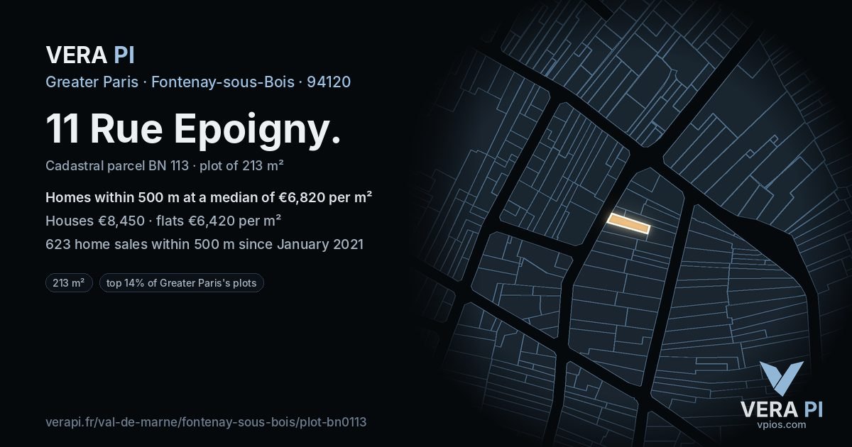 11 Rue Epoigny, Fontenay-sous-Bois at night – the plot lit, the parcels around coloured by the prices near them