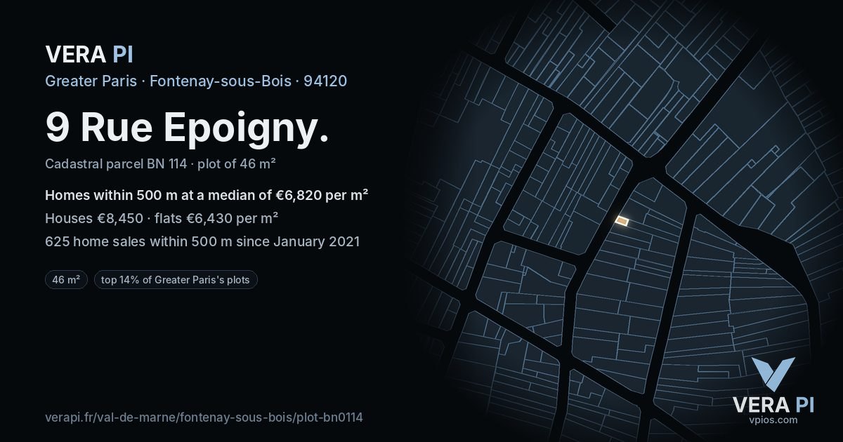 9 Rue Epoigny, Fontenay-sous-Bois at night – the plot lit, the parcels around coloured by the prices near them