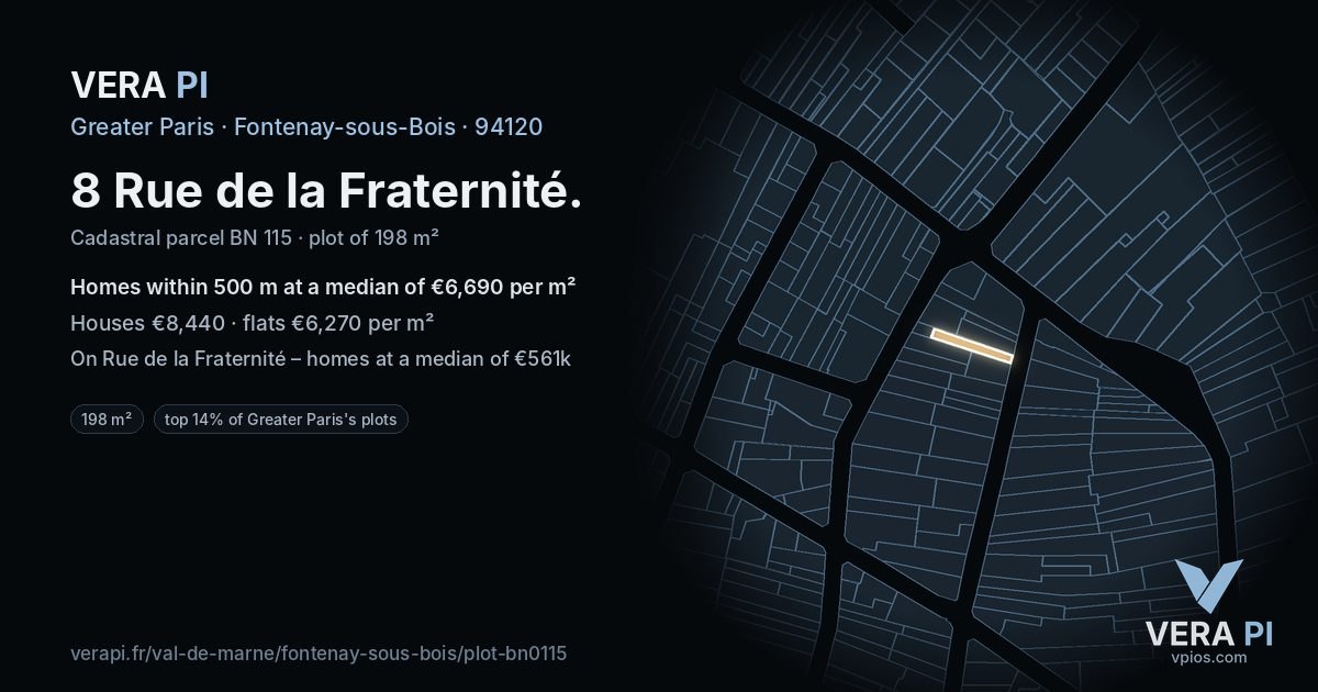 8 Rue de la Fraternité, Fontenay-sous-Bois at night – the plot lit, the parcels around coloured by the prices near them