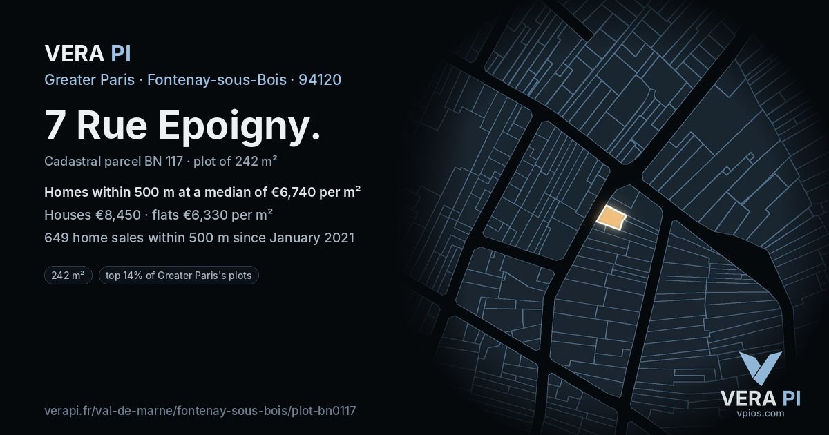 7 Rue Epoigny, Fontenay-sous-Bois at night – the plot lit, the parcels around coloured by the prices near them