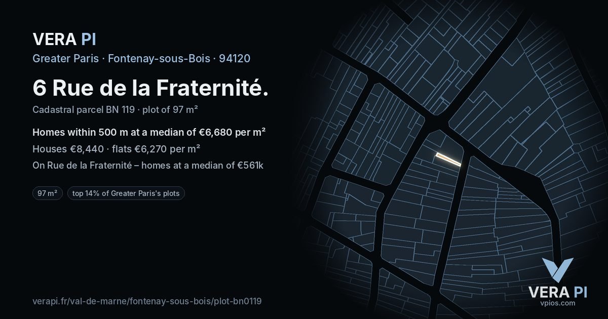 6 Rue de la Fraternité, Fontenay-sous-Bois at night – the plot lit, the parcels around coloured by the prices near them