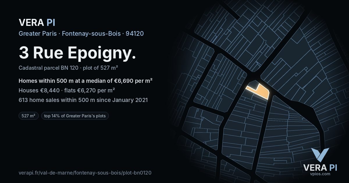 3 Rue Epoigny, Fontenay-sous-Bois at night – the plot lit, the parcels around coloured by the prices near them