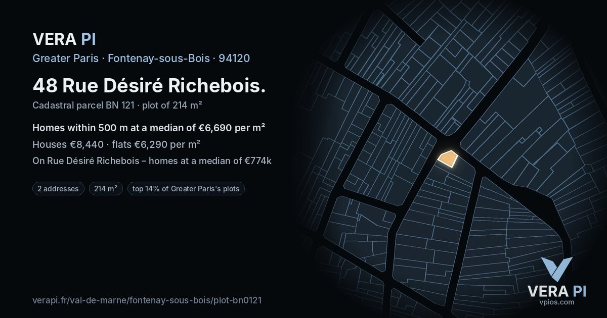 48 Rue Désiré Richebois, Fontenay-sous-Bois at night – the plot lit, the parcels around coloured by the prices near them