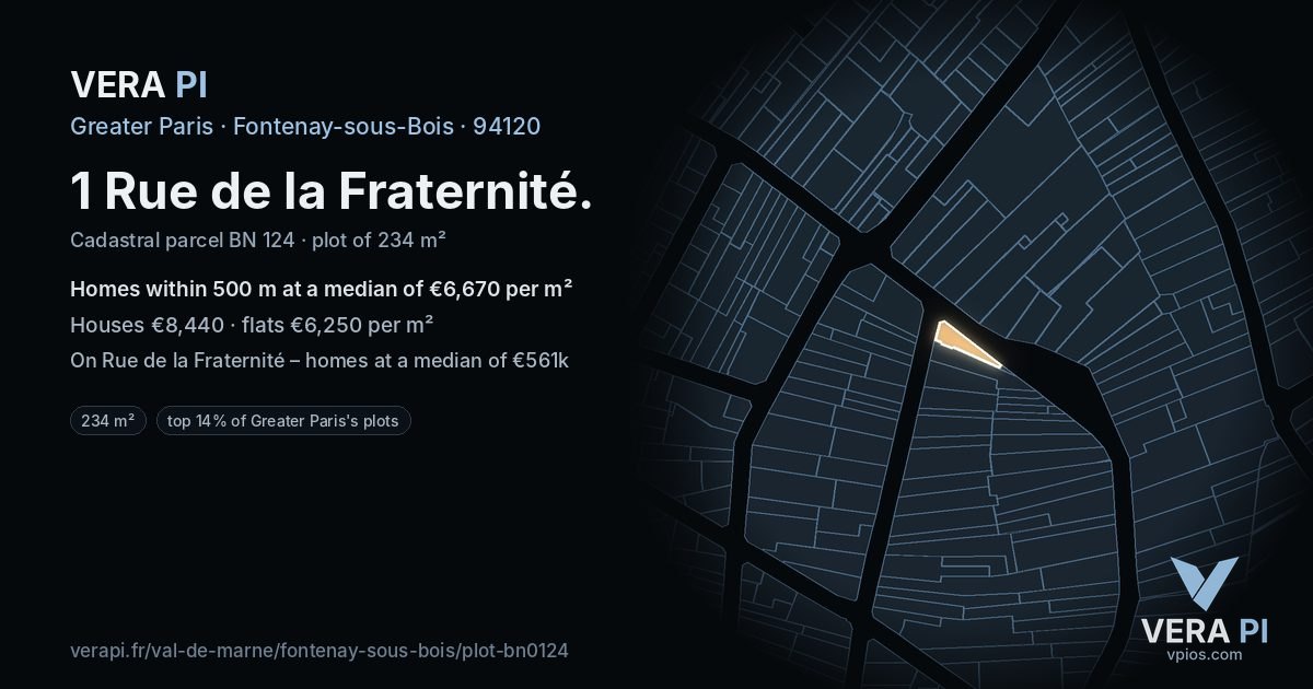 1 Rue de la Fraternité, Fontenay-sous-Bois at night – the plot lit, the parcels around coloured by the prices near them