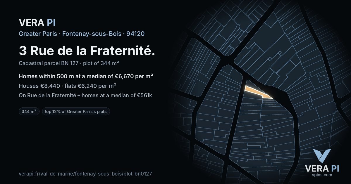 3 Rue de la Fraternité, Fontenay-sous-Bois at night – the plot lit, the parcels around coloured by the prices near them