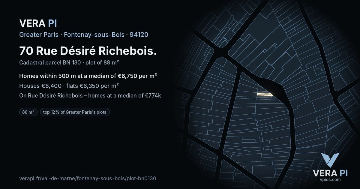 70 Rue Désiré Richebois, Fontenay-sous-Bois at night – the plot lit, the parcels around coloured by the prices near them