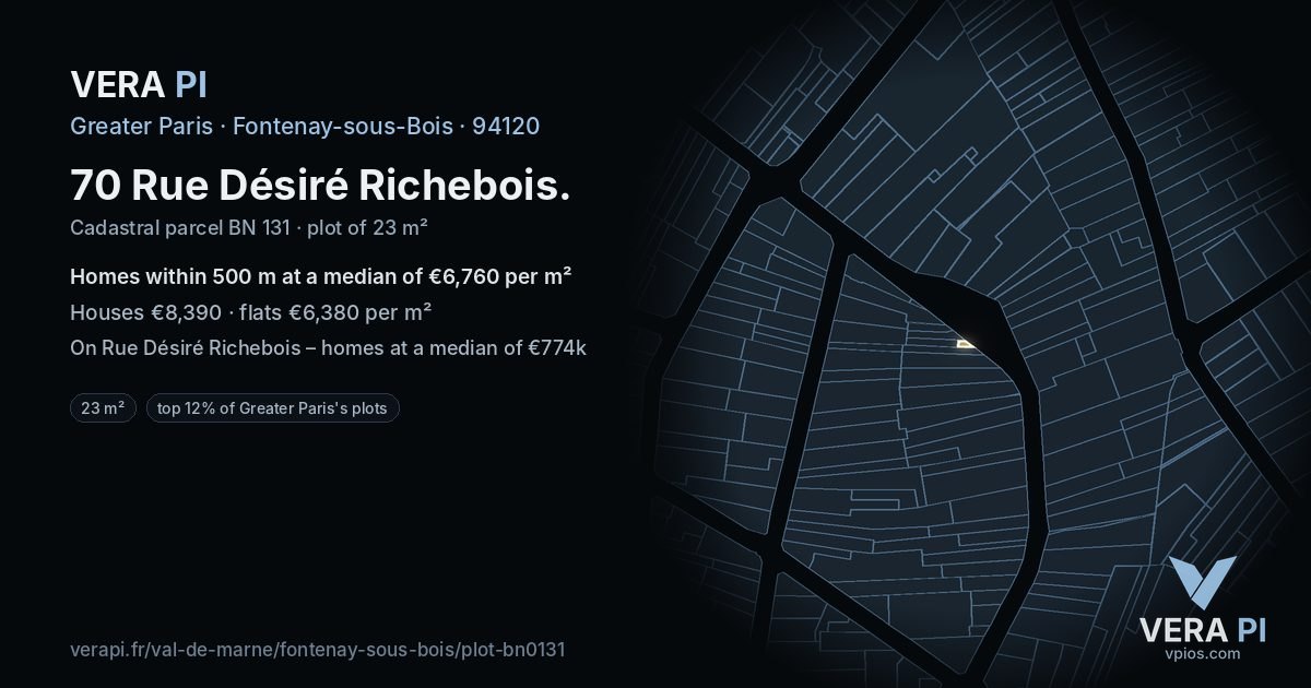 70 Rue Désiré Richebois, Fontenay-sous-Bois at night – the plot lit, the parcels around coloured by the prices near them