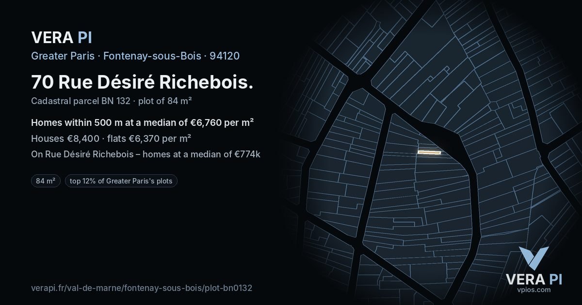 70 Rue Désiré Richebois, Fontenay-sous-Bois at night – the plot lit, the parcels around coloured by the prices near them