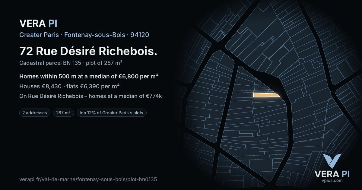 72 Rue Désiré Richebois, Fontenay-sous-Bois at night – the plot lit, the parcels around coloured by the prices near them
