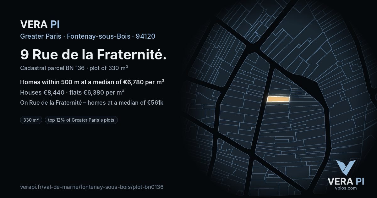 9 Rue de la Fraternité, Fontenay-sous-Bois at night – the plot lit, the parcels around coloured by the prices near them