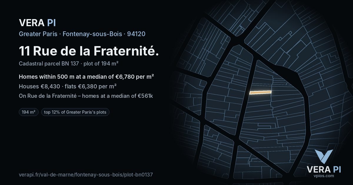 11 Rue de la Fraternité, Fontenay-sous-Bois at night – the plot lit, the parcels around coloured by the prices near them