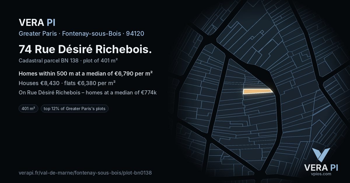 74 Rue Désiré Richebois, Fontenay-sous-Bois at night – the plot lit, the parcels around coloured by the prices near them
