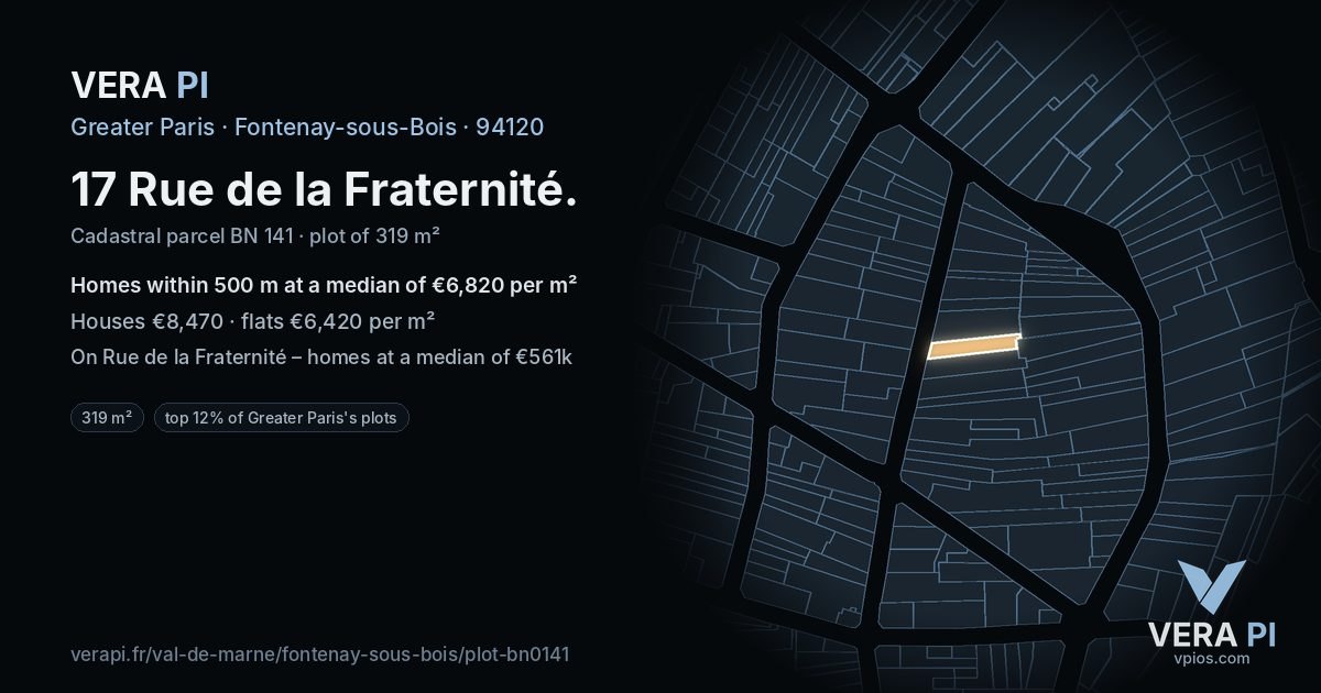 17 Rue de la Fraternité, Fontenay-sous-Bois at night – the plot lit, the parcels around coloured by the prices near them