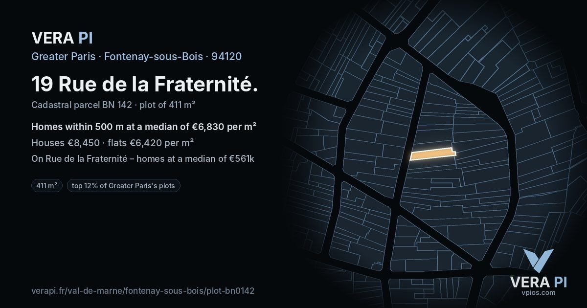 19 Rue de la Fraternité, Fontenay-sous-Bois at night – the plot lit, the parcels around coloured by the prices near them
