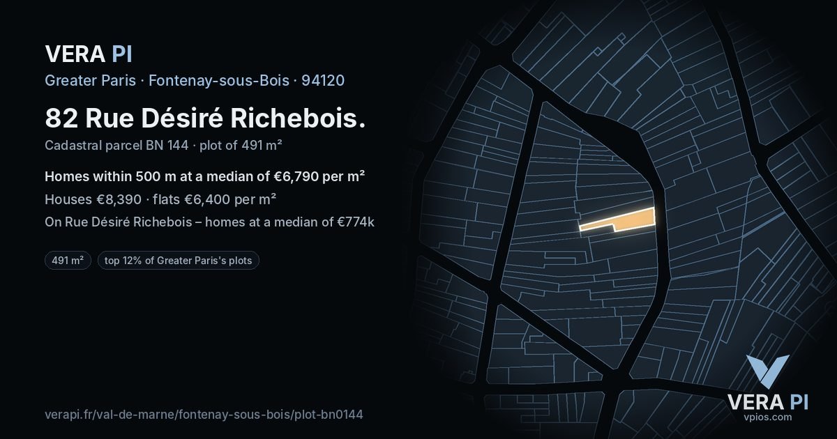 82 Rue Désiré Richebois, Fontenay-sous-Bois at night – the plot lit, the parcels around coloured by the prices near them