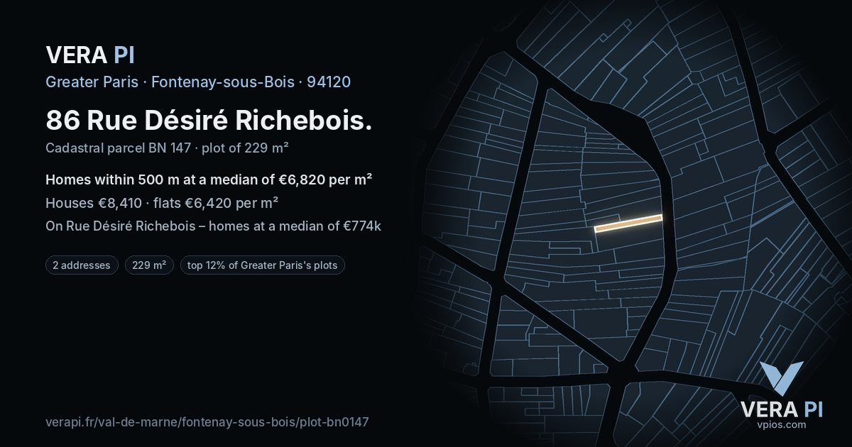 86 Rue Désiré Richebois, Fontenay-sous-Bois at night – the plot lit, the parcels around coloured by the prices near them