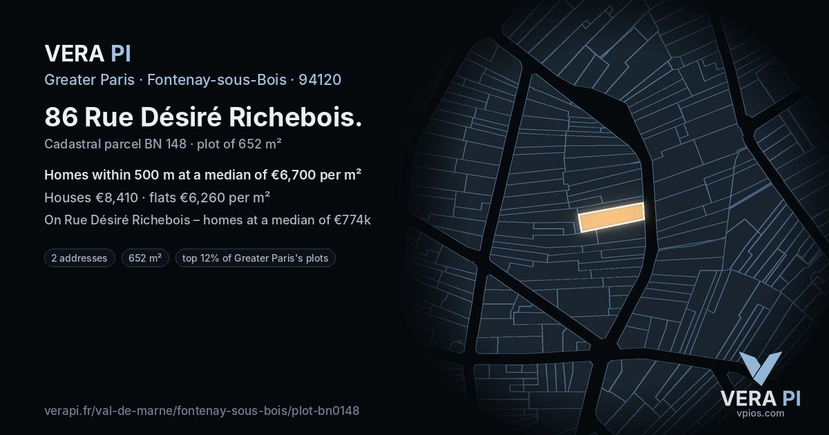 86 Rue Désiré Richebois, Fontenay-sous-Bois at night – the plot lit, the parcels around coloured by the prices near them