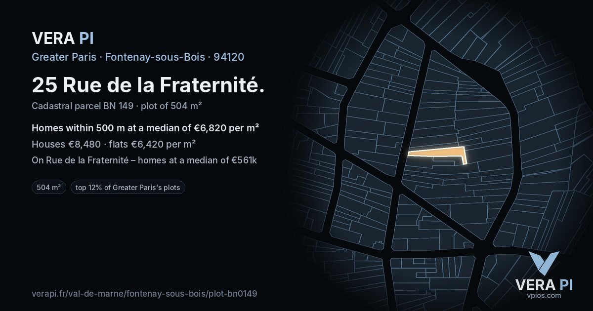 25 Rue de la Fraternité, Fontenay-sous-Bois at night – the plot lit, the parcels around coloured by the prices near them