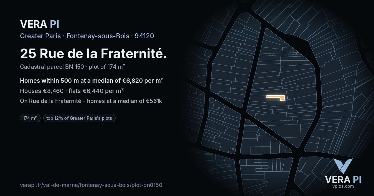 25 Rue de la Fraternité, Fontenay-sous-Bois at night – the plot lit, the parcels around coloured by the prices near them