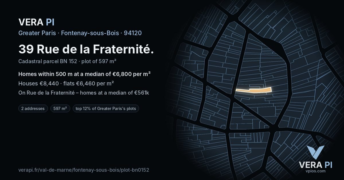 39 Rue de la Fraternité, Fontenay-sous-Bois at night – the plot lit, the parcels around coloured by the prices near them
