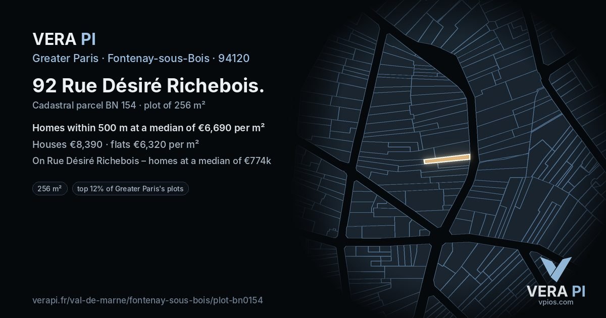 92 Rue Désiré Richebois, Fontenay-sous-Bois at night – the plot lit, the parcels around coloured by the prices near them