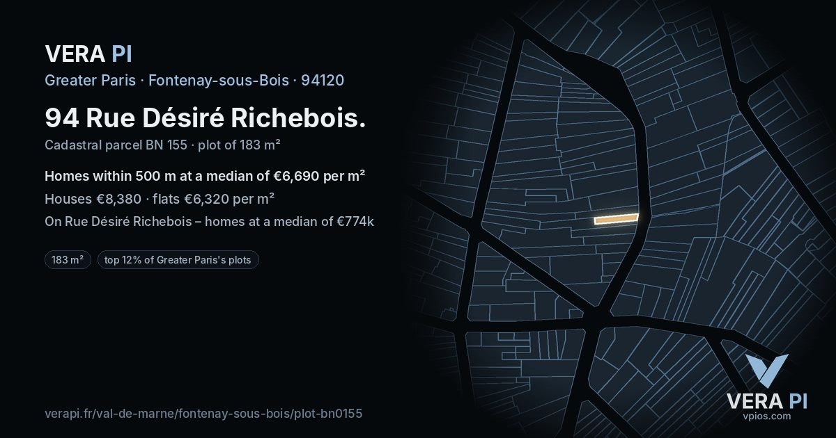 94 Rue Désiré Richebois, Fontenay-sous-Bois at night – the plot lit, the parcels around coloured by the prices near them