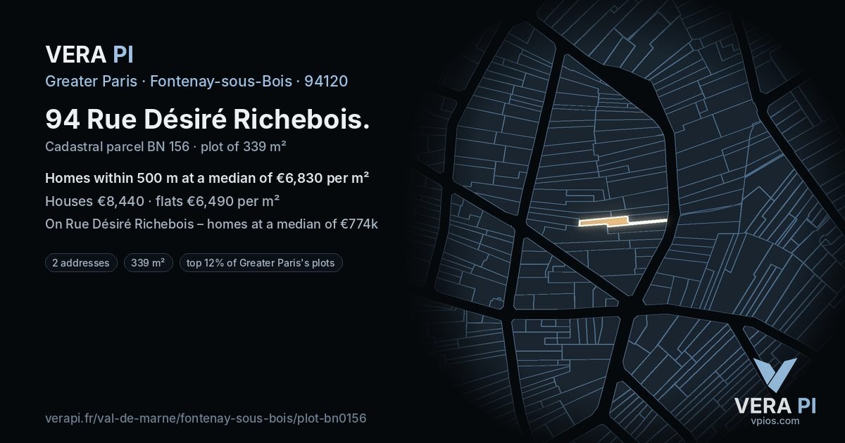 94 Rue Désiré Richebois, Fontenay-sous-Bois at night – the plot lit, the parcels around coloured by the prices near them
