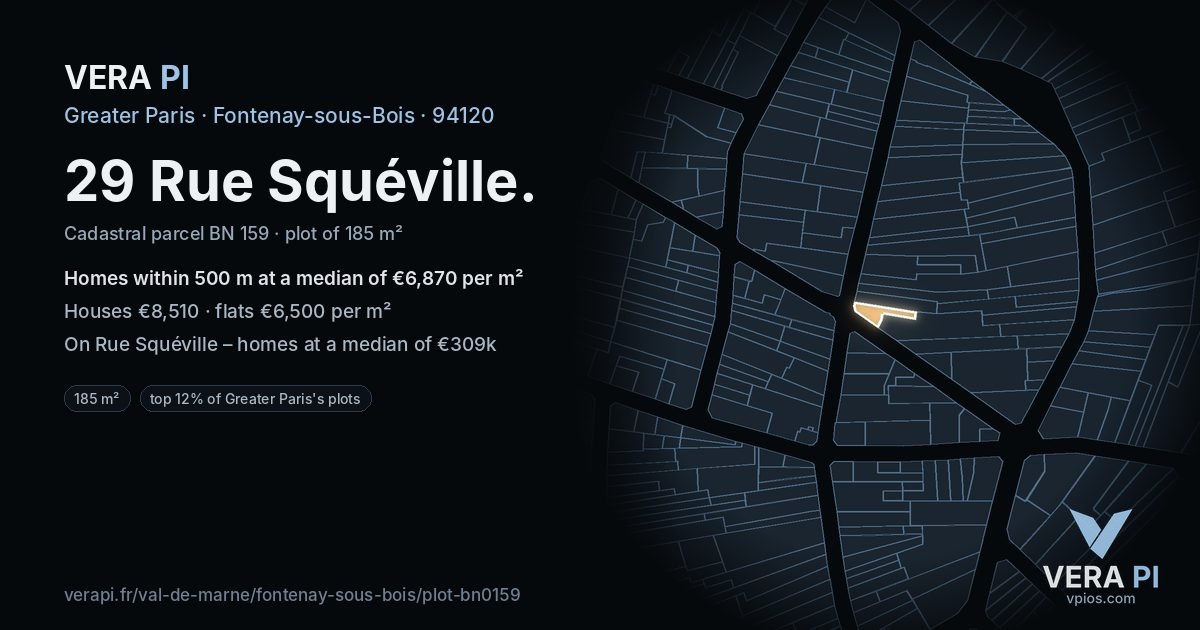 29 Rue Squéville, Fontenay-sous-Bois at night – the plot lit, the parcels around coloured by the prices near them