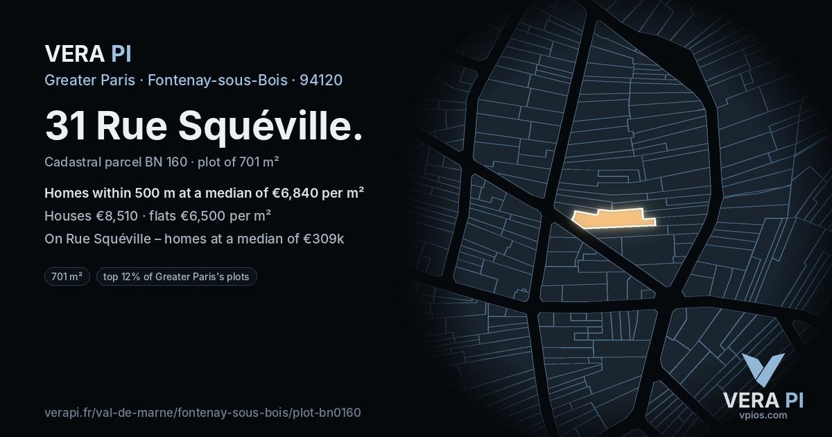 31 Rue Squéville, Fontenay-sous-Bois at night – the plot lit, the parcels around coloured by the prices near them