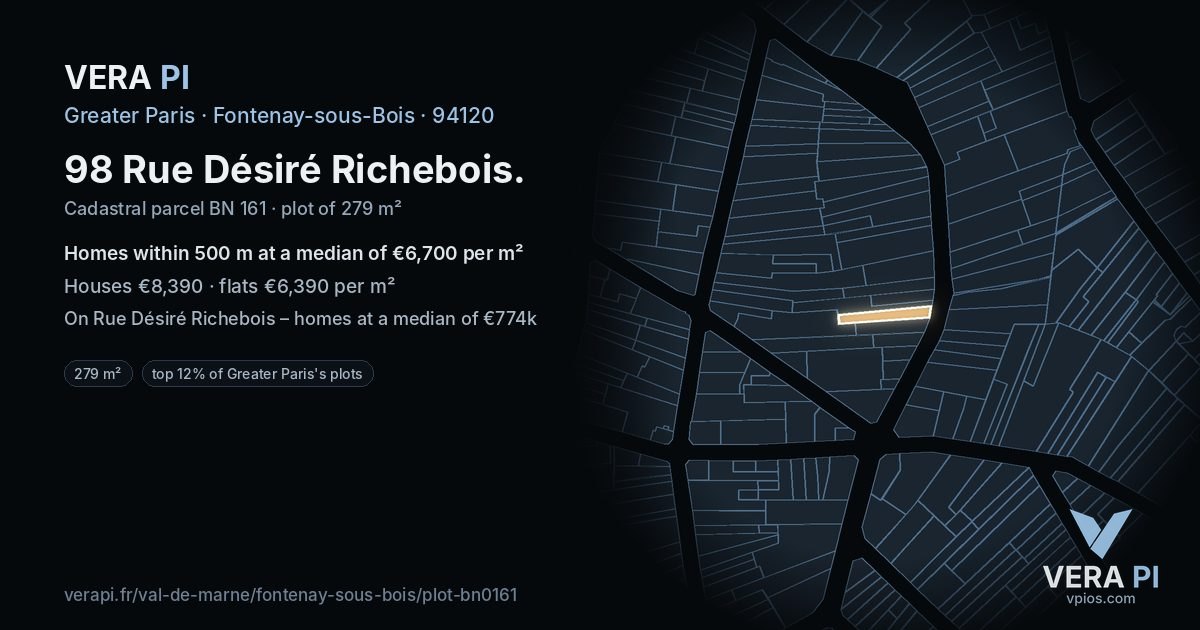 98 Rue Désiré Richebois, Fontenay-sous-Bois at night – the plot lit, the parcels around coloured by the prices near them