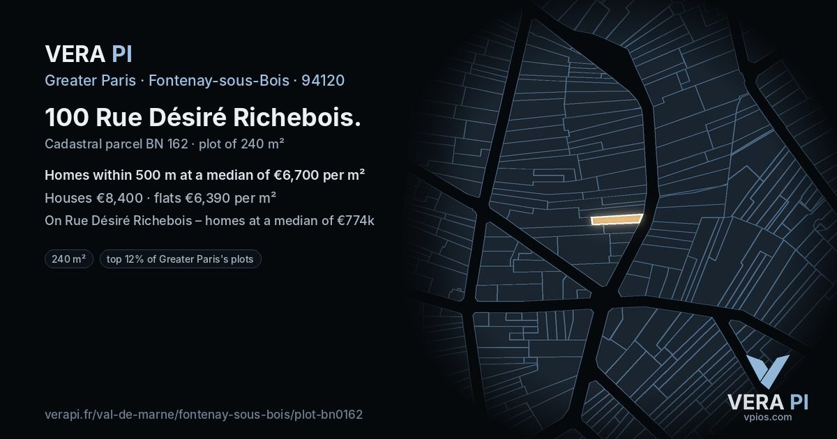 100 Rue Désiré Richebois, Fontenay-sous-Bois at night – the plot lit, the parcels around coloured by the prices near them
