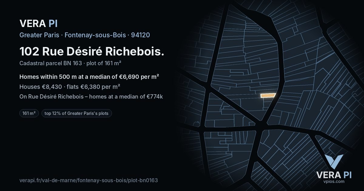 102 Rue Désiré Richebois, Fontenay-sous-Bois at night – the plot lit, the parcels around coloured by the prices near them