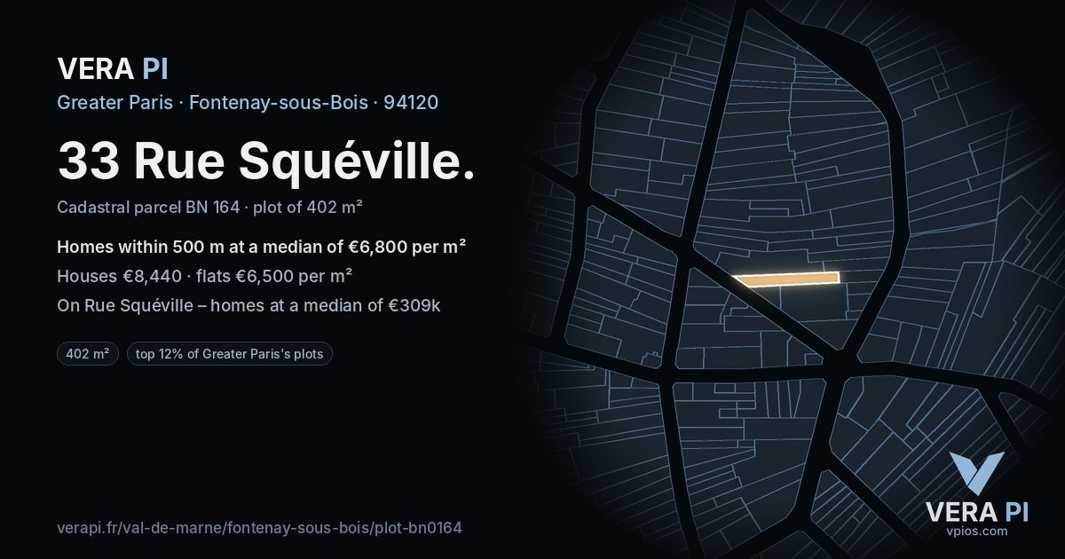 33 Rue Squéville, Fontenay-sous-Bois at night – the plot lit, the parcels around coloured by the prices near them