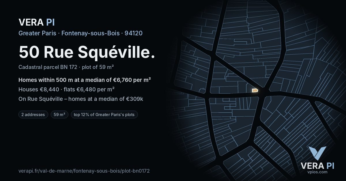 50 Rue Squéville, Fontenay-sous-Bois at night – the plot lit, the parcels around coloured by the prices near them