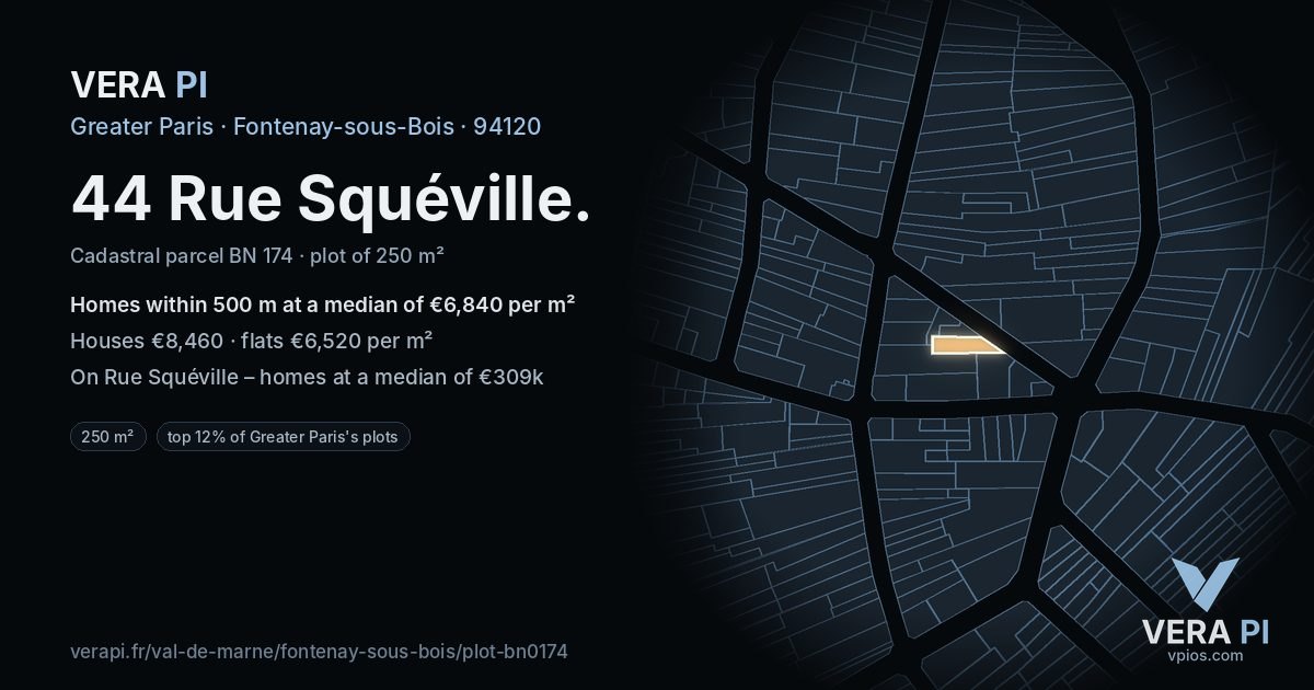 44 Rue Squéville, Fontenay-sous-Bois at night – the plot lit, the parcels around coloured by the prices near them