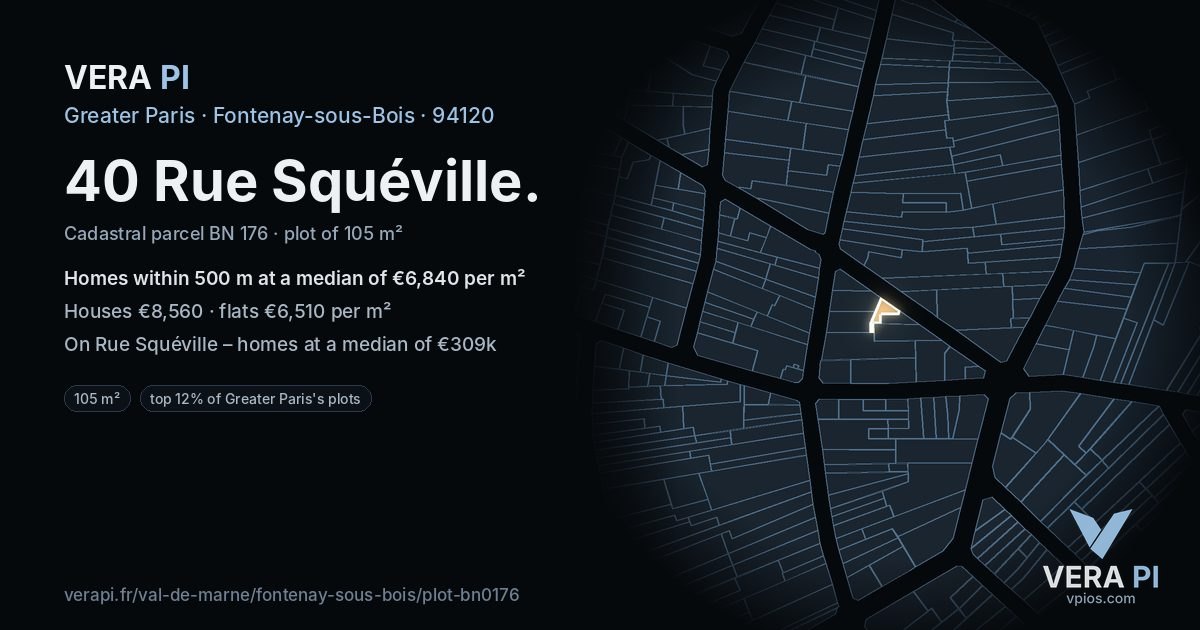 40 Rue Squéville, Fontenay-sous-Bois at night – the plot lit, the parcels around coloured by the prices near them