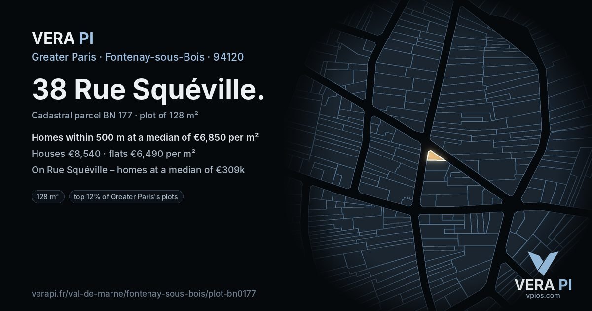 38 Rue Squéville, Fontenay-sous-Bois at night – the plot lit, the parcels around coloured by the prices near them