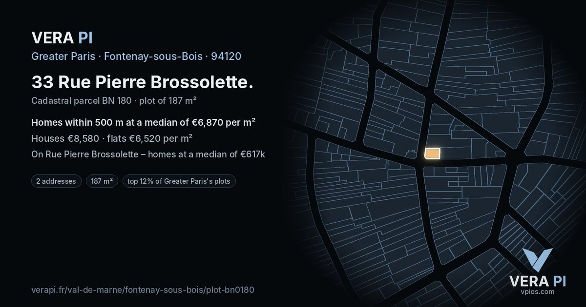 33 Rue Pierre Brossolette, Fontenay-sous-Bois at night – the plot lit, the parcels around coloured by the prices near them