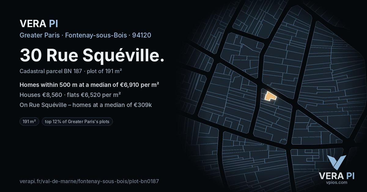 30 Rue Squéville, Fontenay-sous-Bois at night – the plot lit, the parcels around coloured by the prices near them
