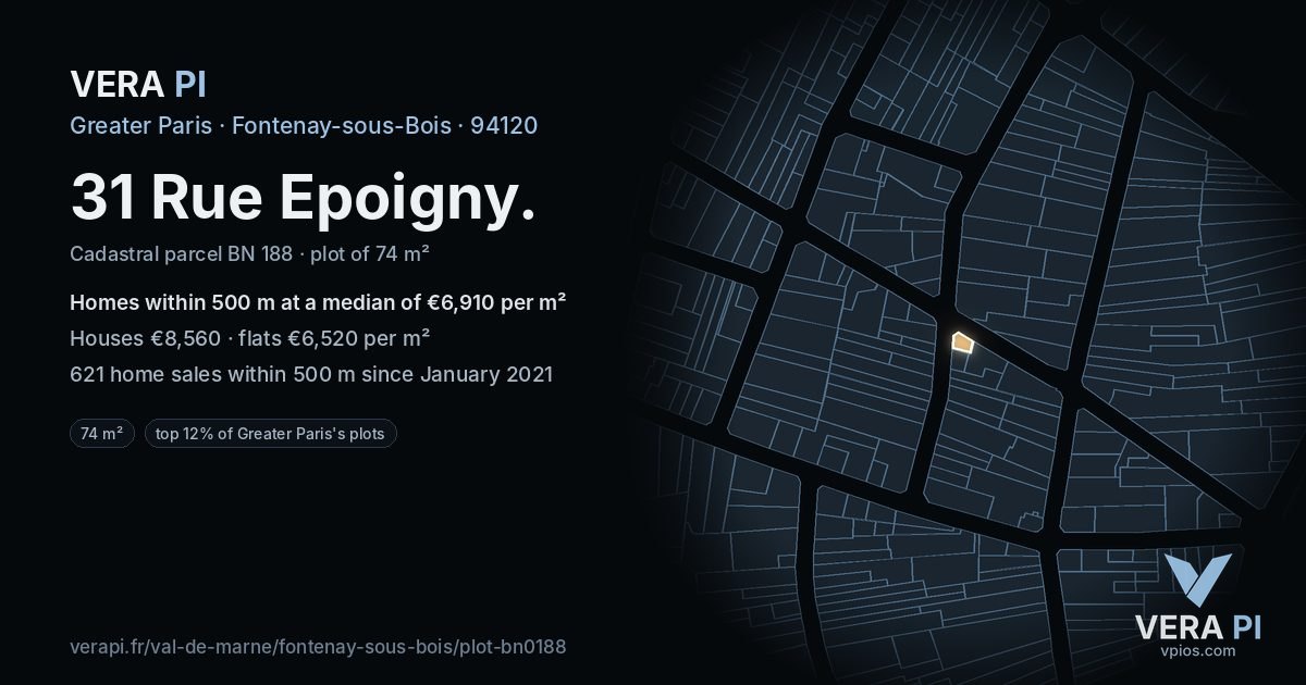 31 Rue Epoigny, Fontenay-sous-Bois at night – the plot lit, the parcels around coloured by the prices near them