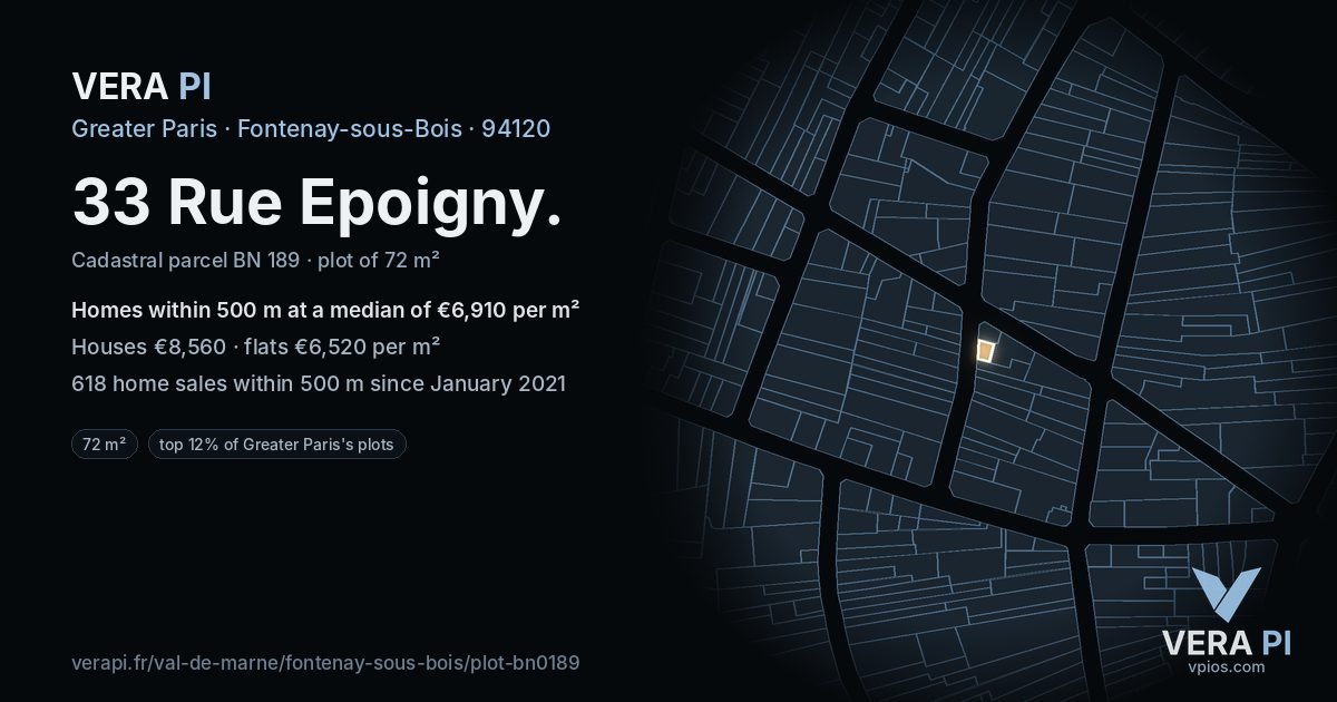 33 Rue Epoigny, Fontenay-sous-Bois at night – the plot lit, the parcels around coloured by the prices near them
