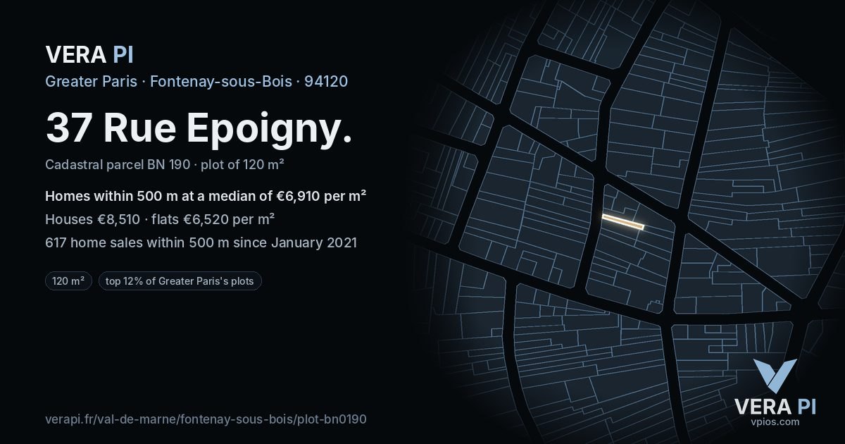 37 Rue Epoigny, Fontenay-sous-Bois at night – the plot lit, the parcels around coloured by the prices near them