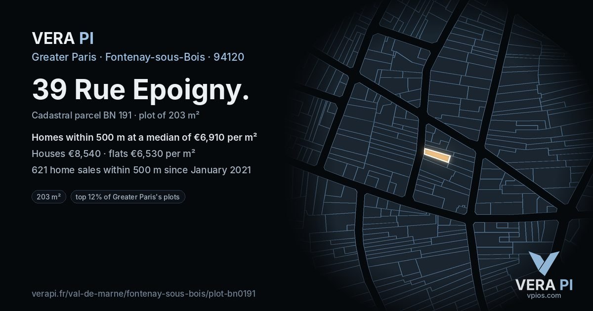 39 Rue Epoigny, Fontenay-sous-Bois at night – the plot lit, the parcels around coloured by the prices near them
